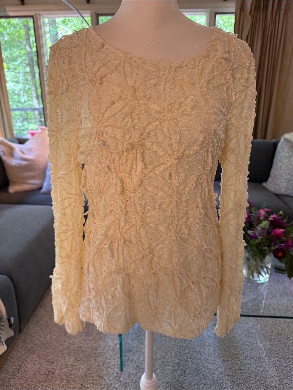 Tribal Chenille Knot Cream Textured Long-Sleeve Blouse